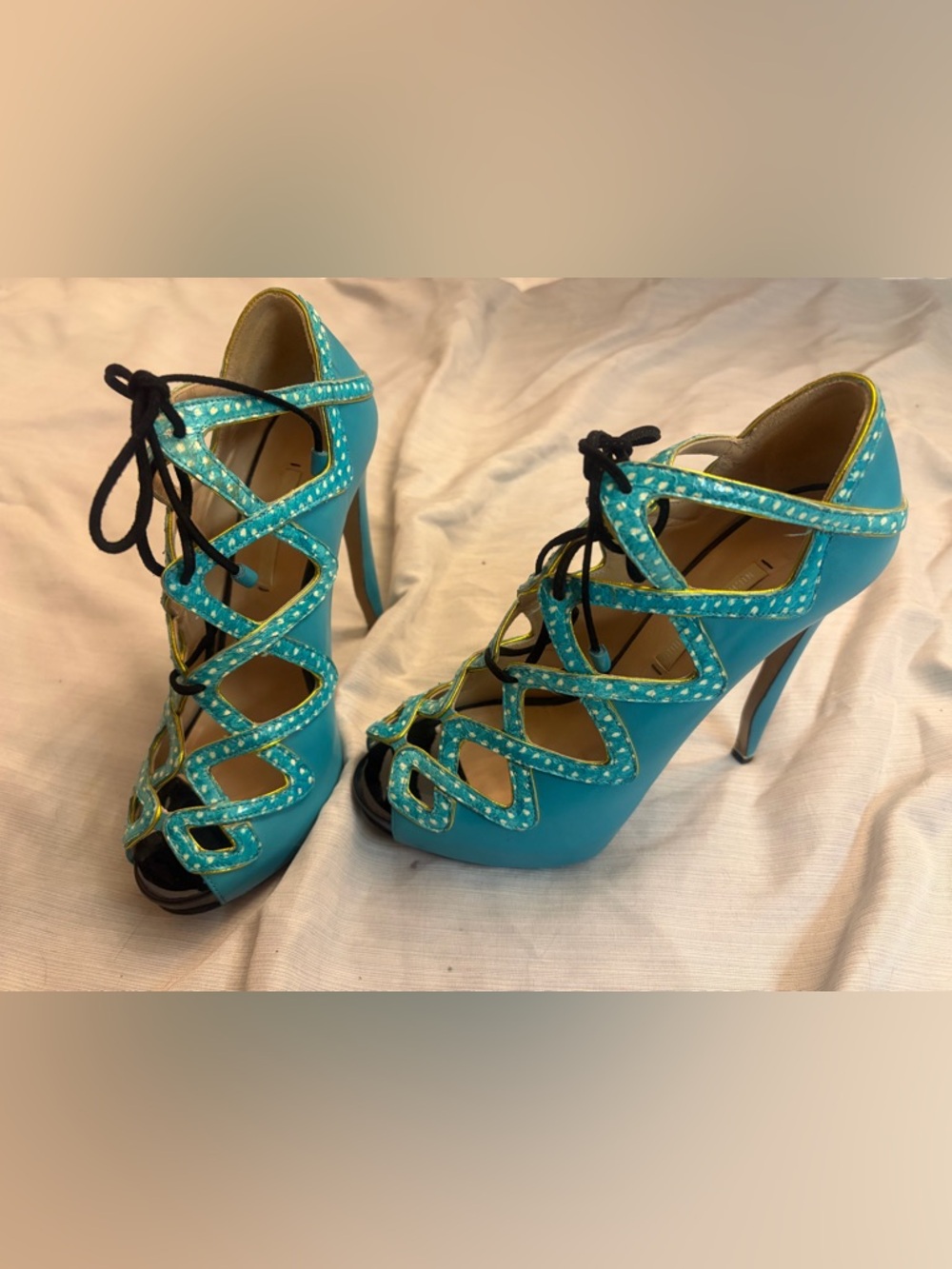 RARE Nicholas Kirkwood Archive Caged Lace-Up Heels - Turquoise/Gold